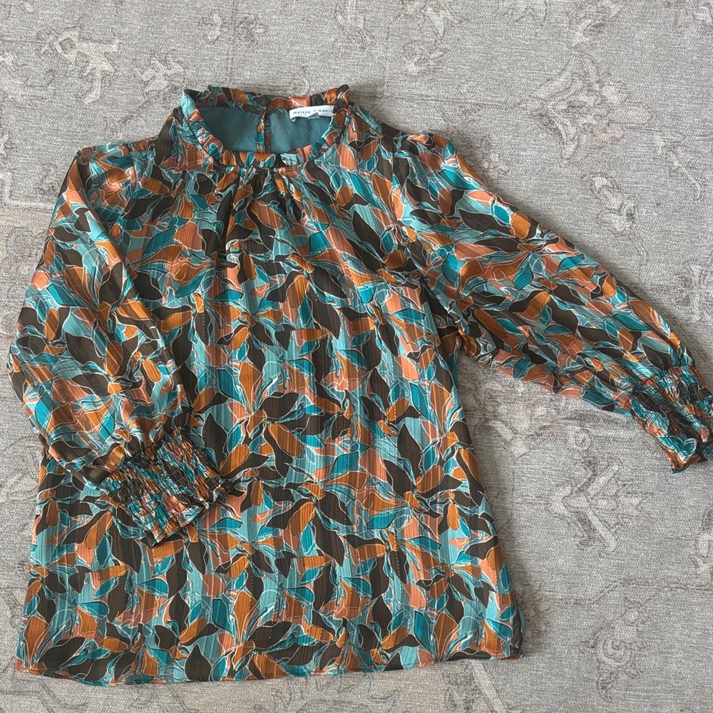 Printed mid-sleeve Blouse in Teal and Browns
